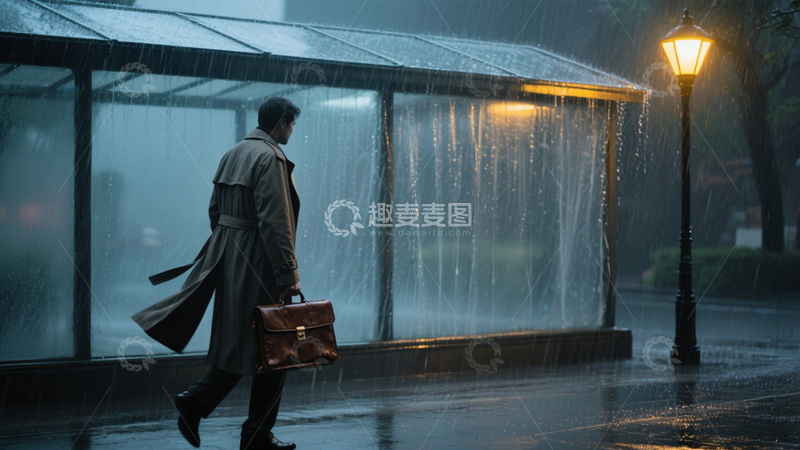 高清大图下载【趣麦麦图】雨夜公交站孤独等待1