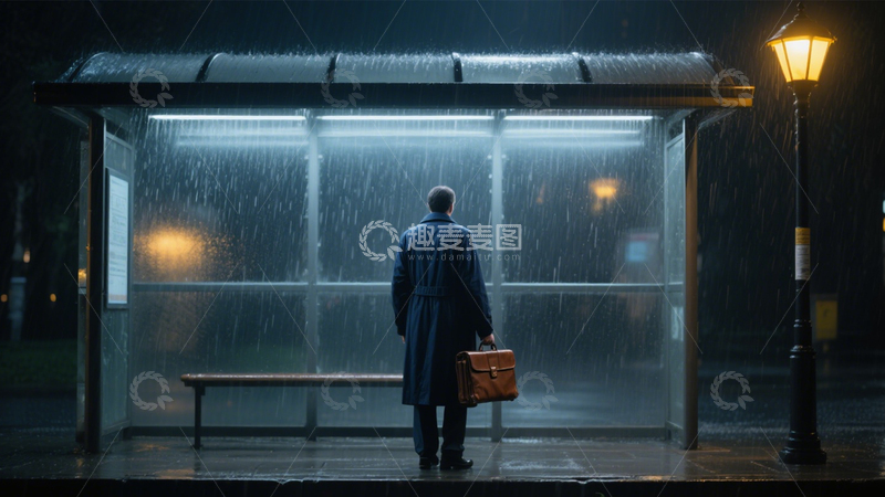 高清大图下载【趣麦麦图】雨夜公交站孤独等待3