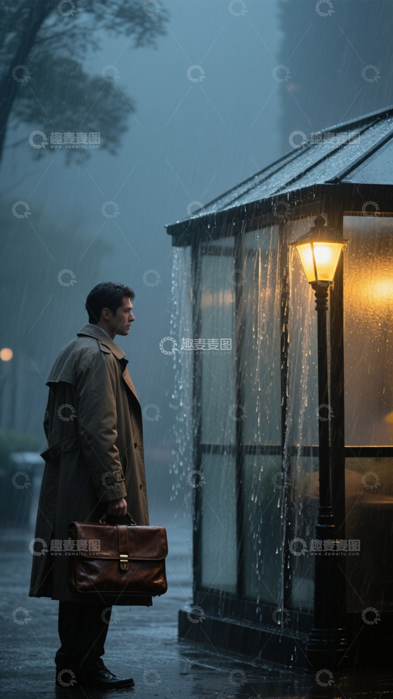 高清大图下载【趣麦麦图】雨夜公交站孤独等待2