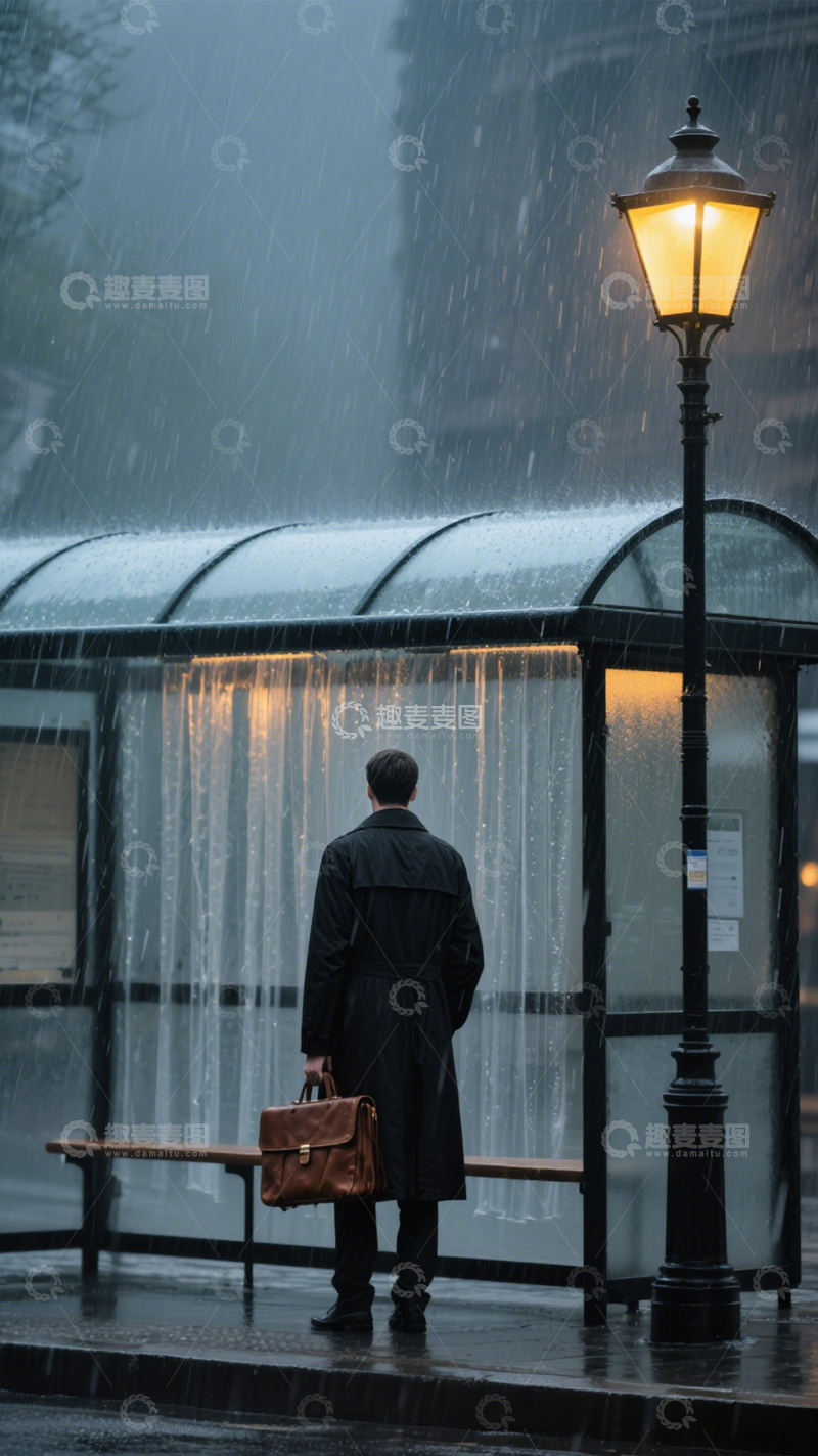 高清大图下载【趣麦麦图】雨夜公交站孤独等待