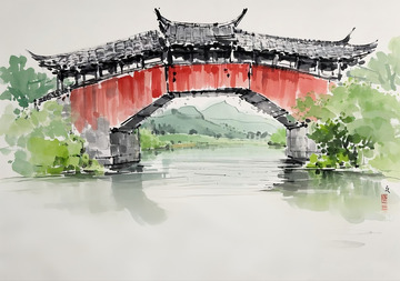 温州地标泰顺廊桥水墨风中式古桥绘景