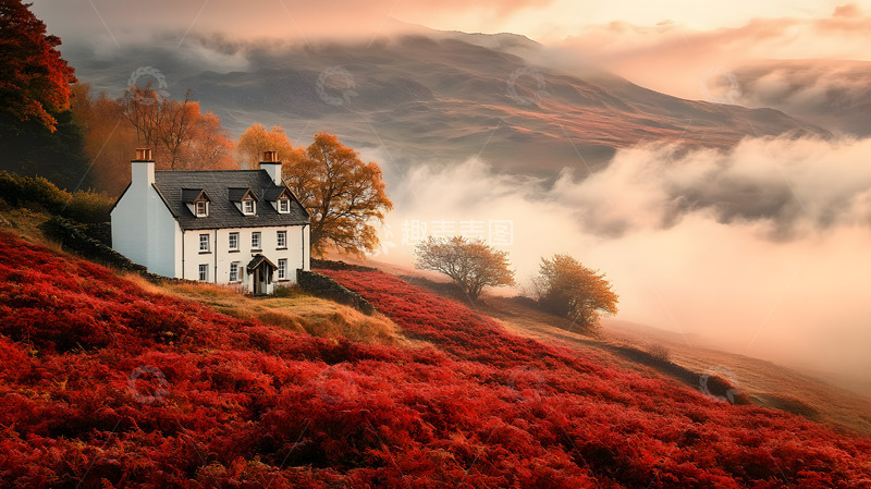 高清大图下载【趣麦麦图】秋季北欧森林里的小乡村建筑风景2