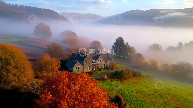 高清大图下载【趣麦麦图】秋季北欧森林里的小乡村建筑风景5