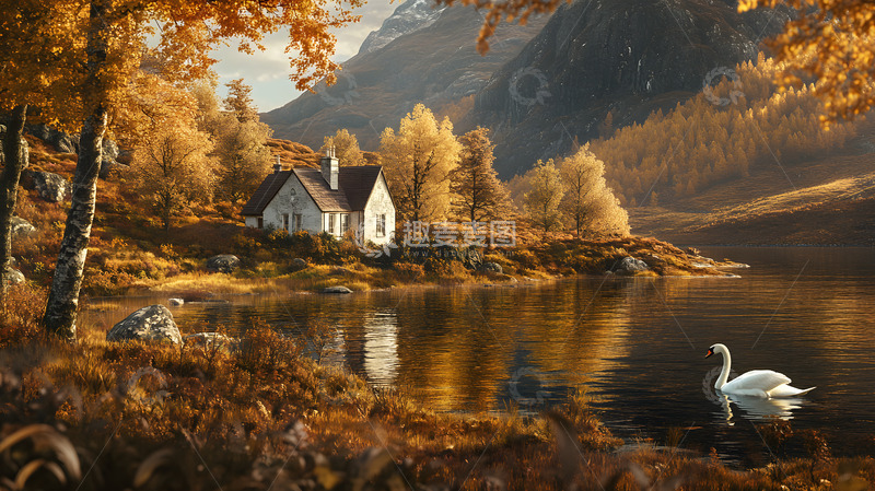 高清大图下载【趣麦麦图】秋季北欧森林里的小乡村建筑风景1