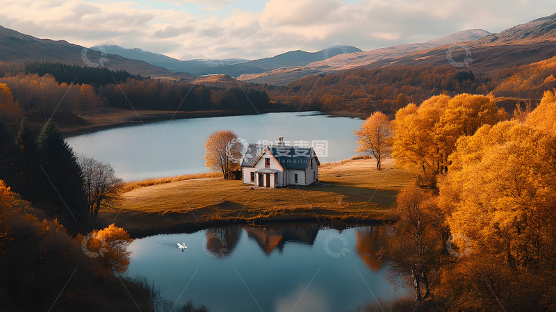 高清大图下载【趣麦麦图】秋季北欧森林里的小乡村建筑风景4