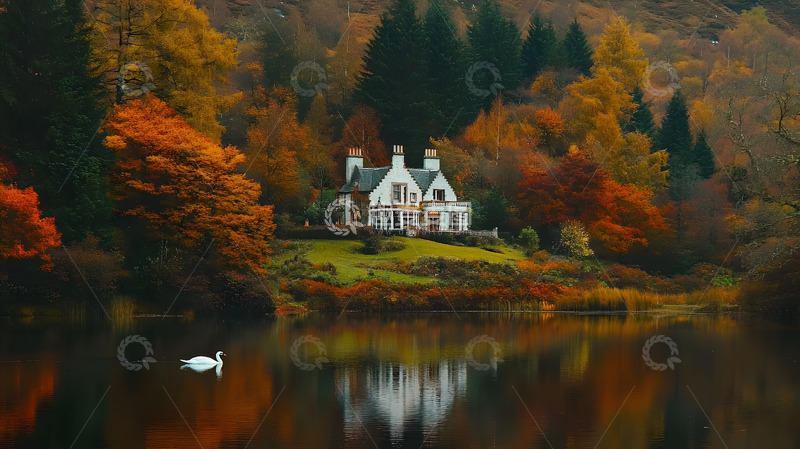 高清大图下载【趣麦麦图】秋季北欧森林里的小乡村建筑风景