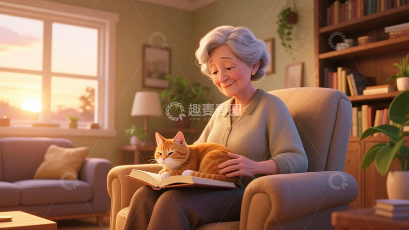 高清大图下载【趣麦麦图】关爱老人奶奶与猫2