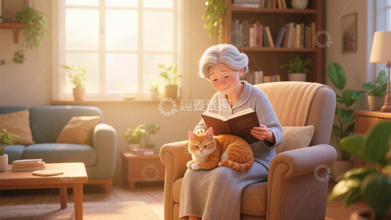 高清大图下载【趣麦麦图】关爱老人奶奶与猫