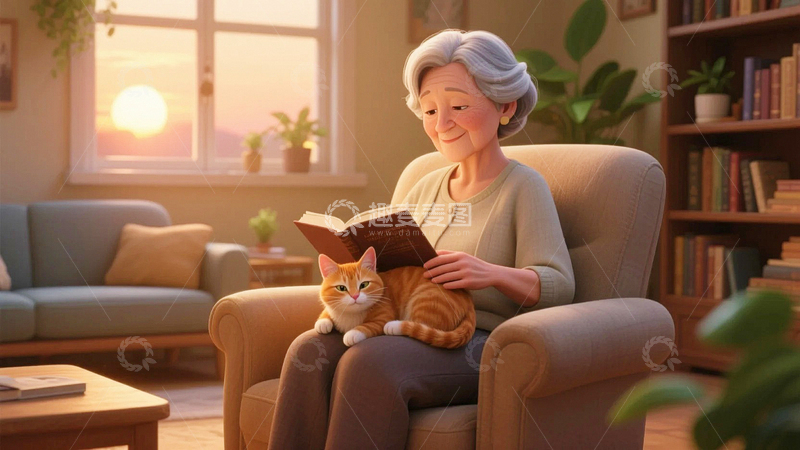 高清大图下载【趣麦麦图】关爱老人奶奶与猫3