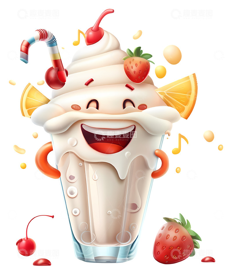 高清大图下载【趣麦麦图】草莓和樱桃的快乐奶昔3D插画png素材1