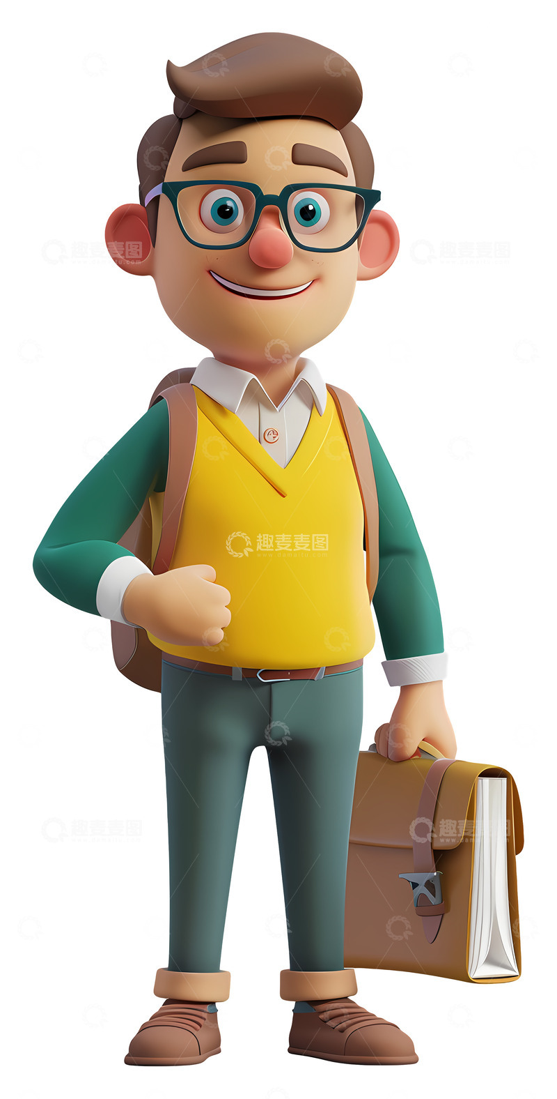 高清大图下载【趣麦麦图】学生人物带书包3D插画透明png素材1