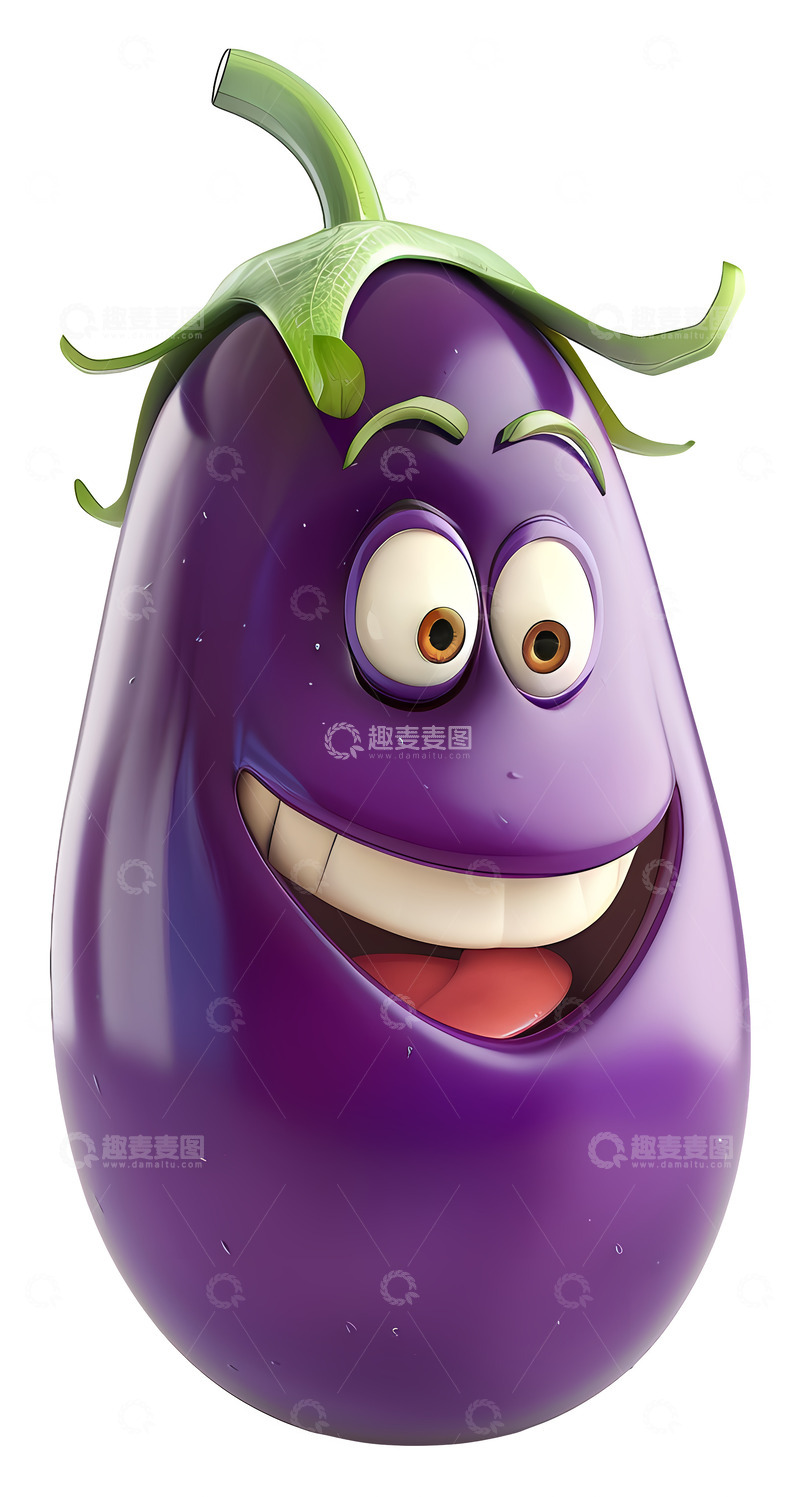高清大图下载【趣麦麦图】微笑的茄子角色3D插画免抠透明png素材1