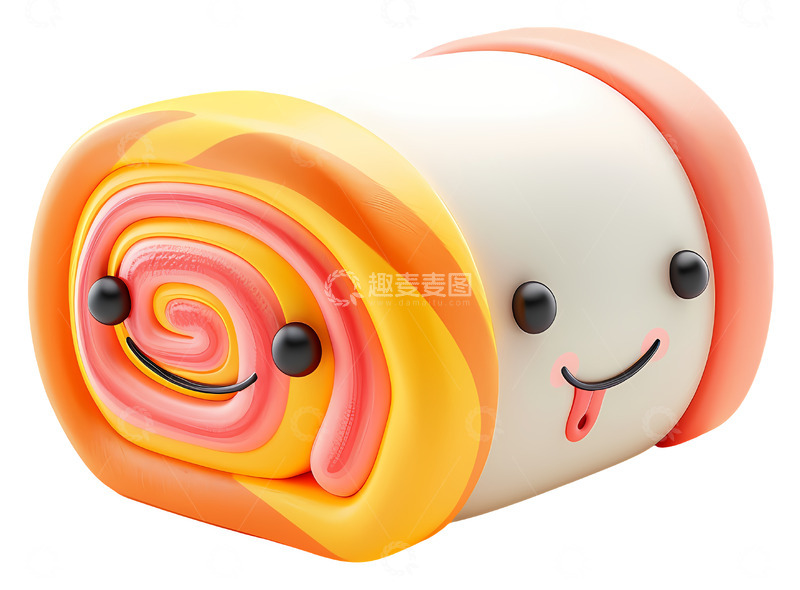高清大图下载【趣麦麦图】带有脸部的可爱卷蛋糕3D插画png素材1