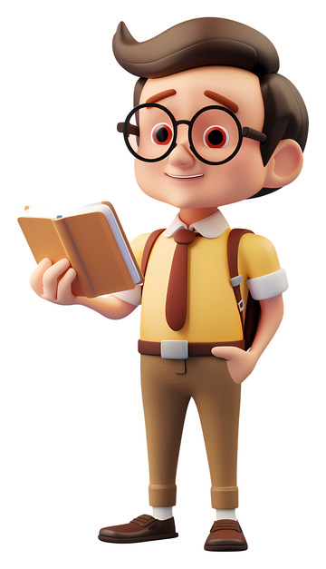 男孩在读书3D卡通插画免抠透明png素材1