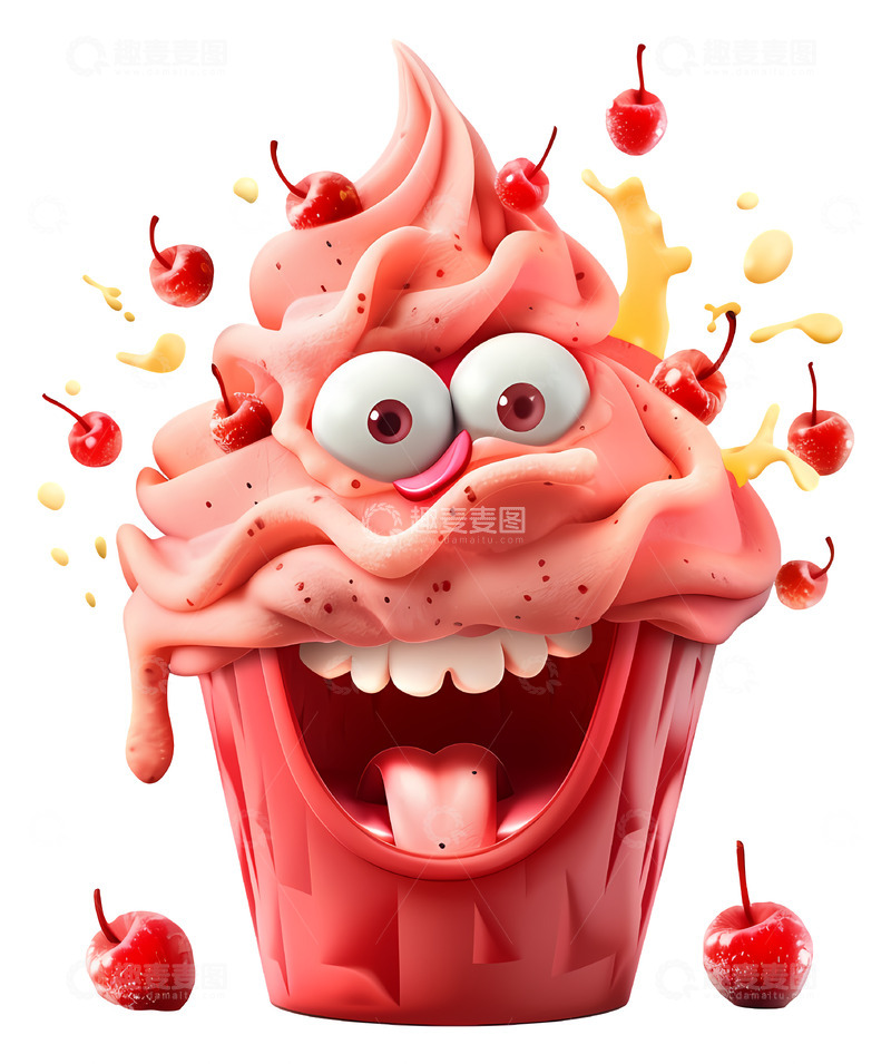 高清大图下载【趣麦麦图】樱桃和脸的有趣纸杯蛋糕3D插画png素材1