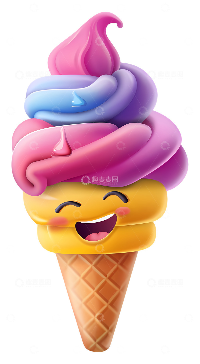 高清大图下载【趣麦麦图】微笑的彩色冰淇淋甜筒3D插画png素材1