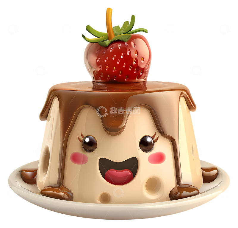 高清大图下载【趣麦麦图】可爱的草莓巧克力的布丁3D插画png素材1