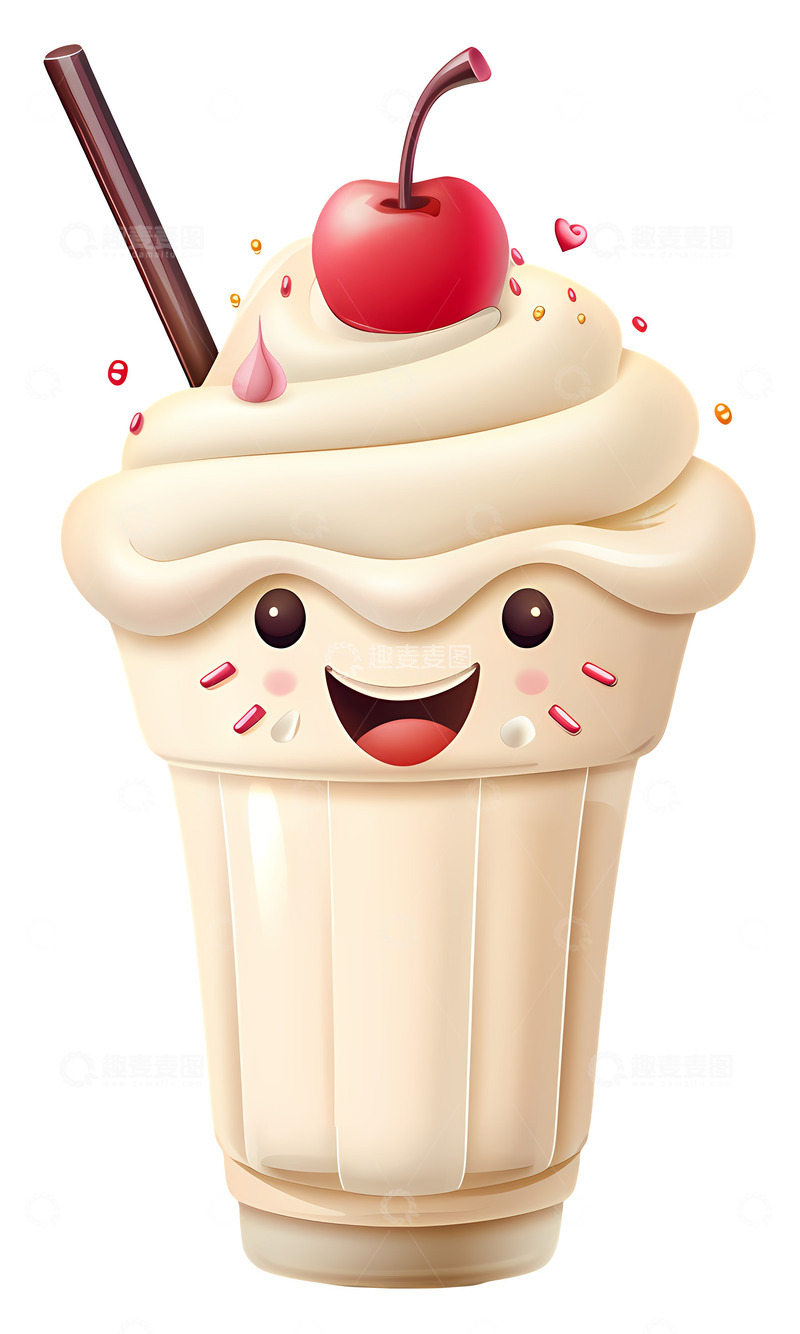 高清大图下载【趣麦麦图】带有樱桃的可爱微笑奶昔3D插画png素材1