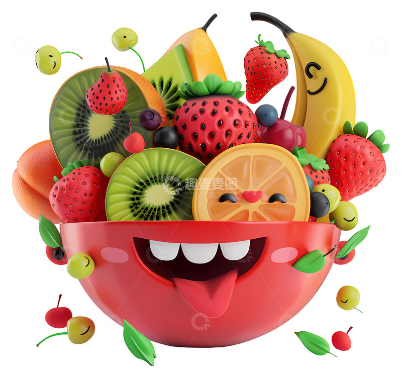 高清大图下载【趣麦麦图】带有微笑脸的快乐水果碗3D插画png素材1