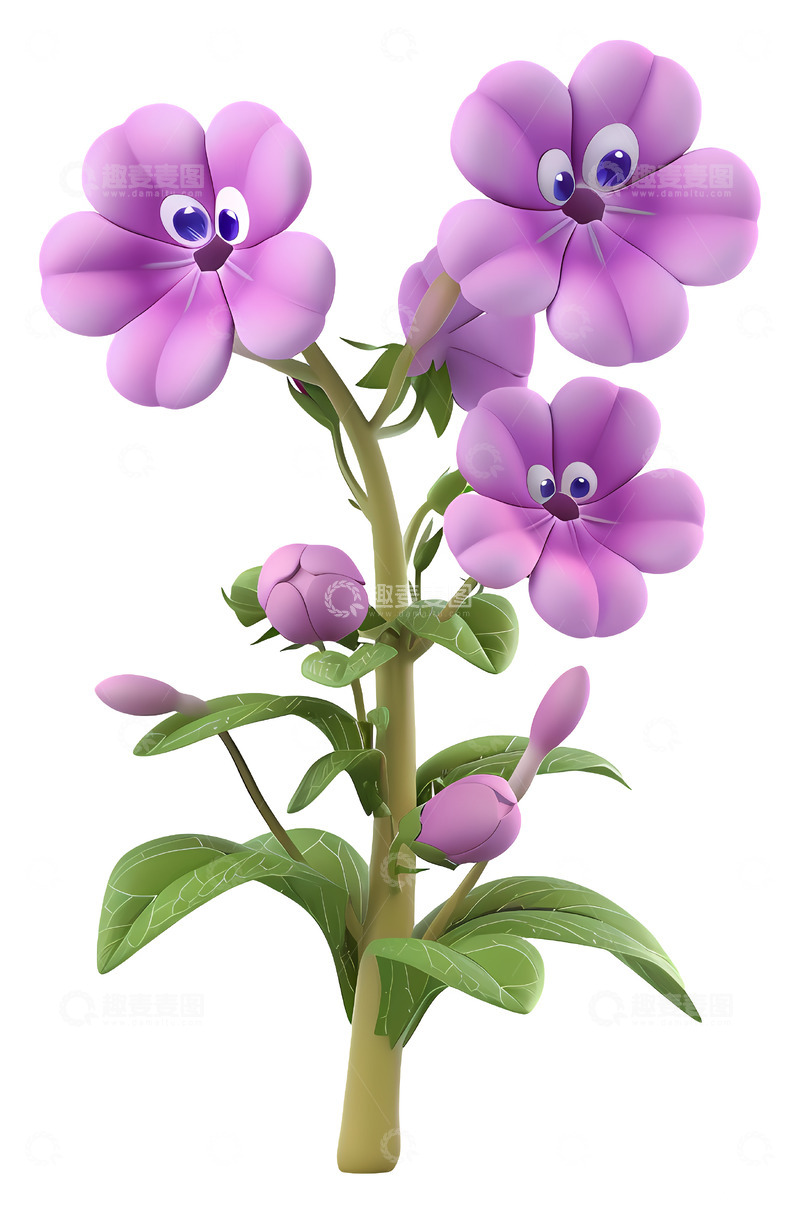 带有眼睛的可爱紫色花朵3D插画png素材2