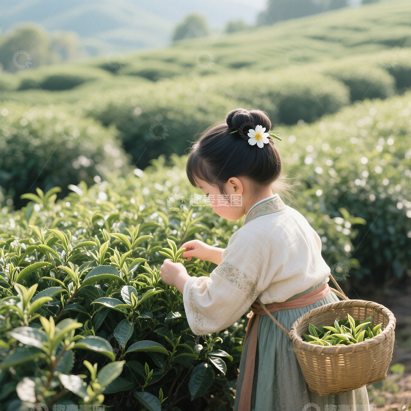 高清大图下载【趣麦麦图】小女孩在绿意盎然的茶丛间采茶