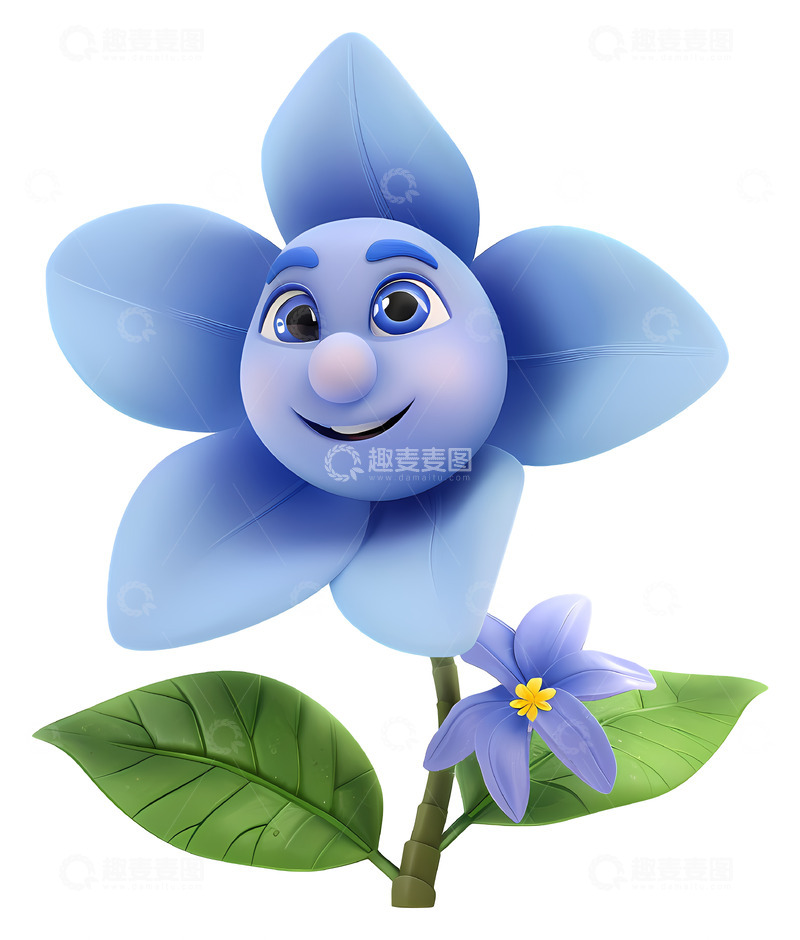 高清大图下载【趣麦麦图】微笑的蓝色花朵3D插画免抠透明png素材1