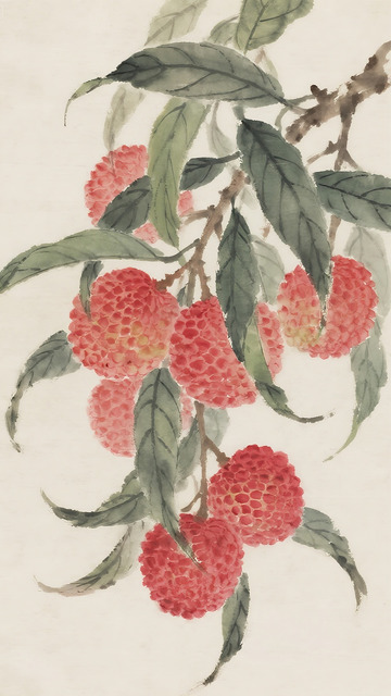 水墨工笔国风荔枝枝叶果实插画素材13