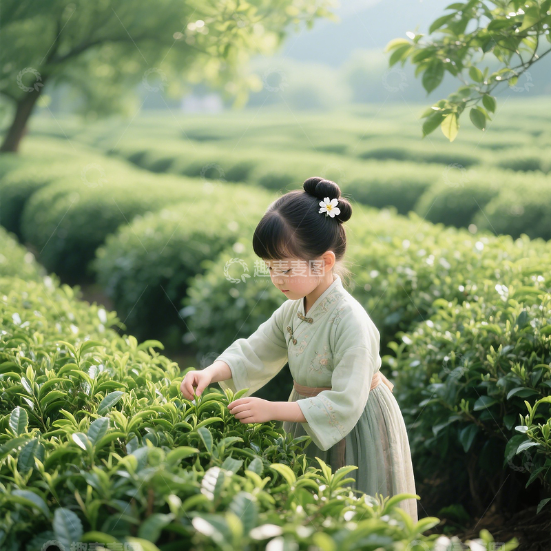 高清大图下载【趣麦麦图】儿童摄影可爱小女孩在茶丛间采茶