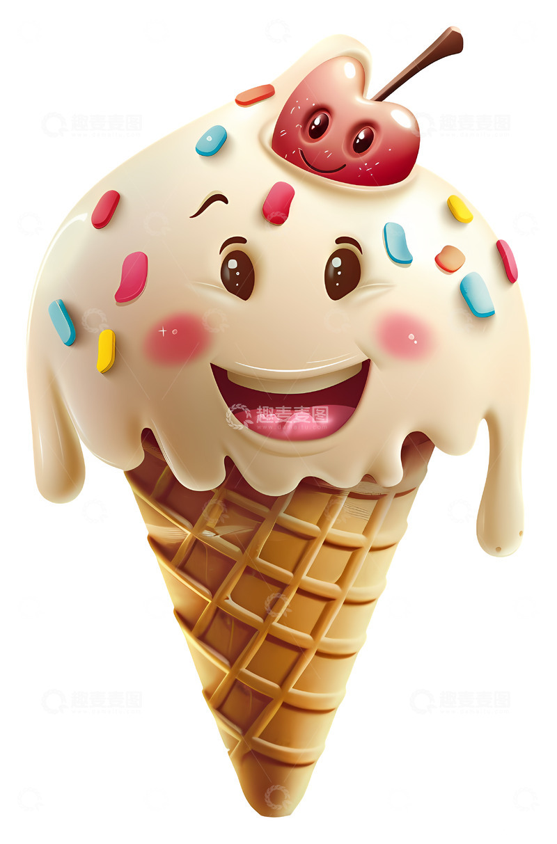高清大图下载【趣麦麦图】樱桃和糖屑的冰淇淋甜筒3D插画png素材1