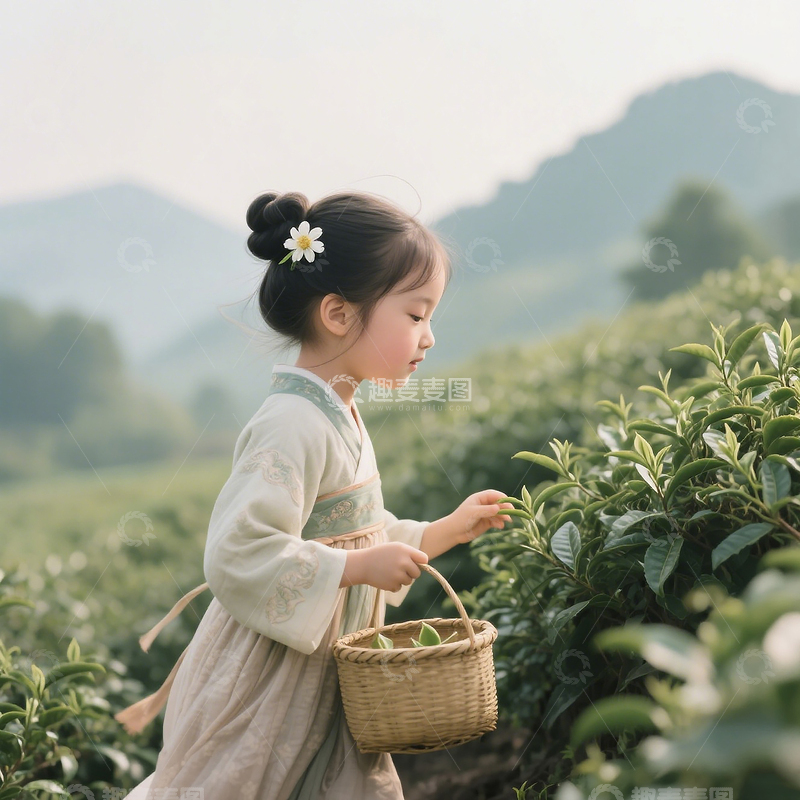 画面中身着传统服饰的小女孩在采茶