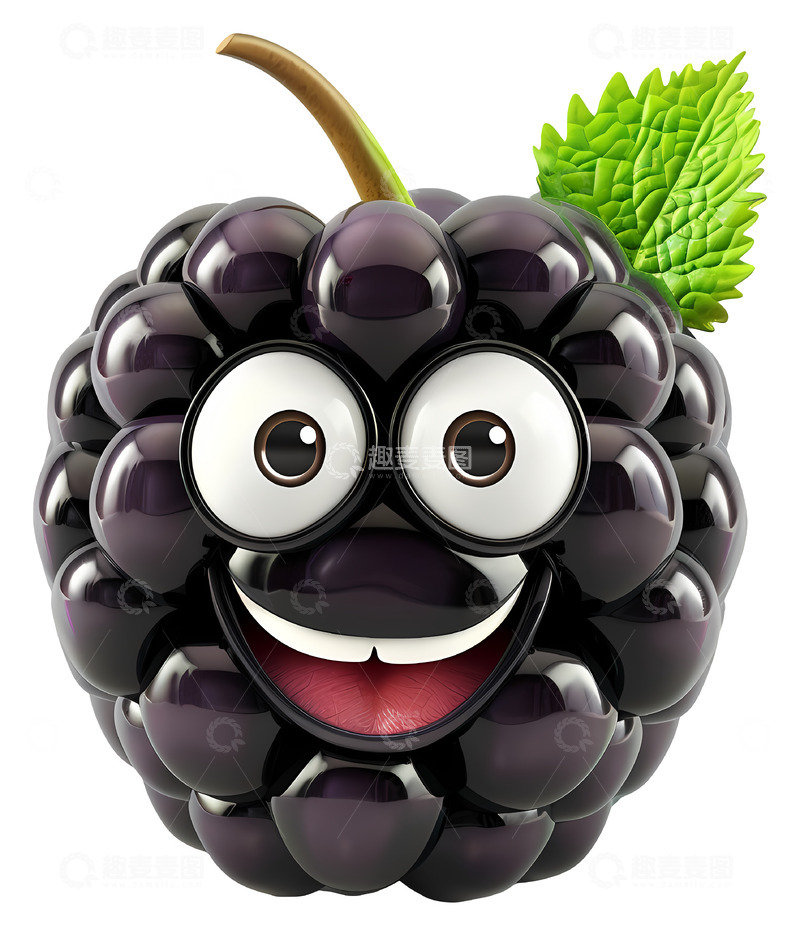高清大图下载【趣麦麦图】带有叶子的快乐微笑黑莓3D插画png素材1