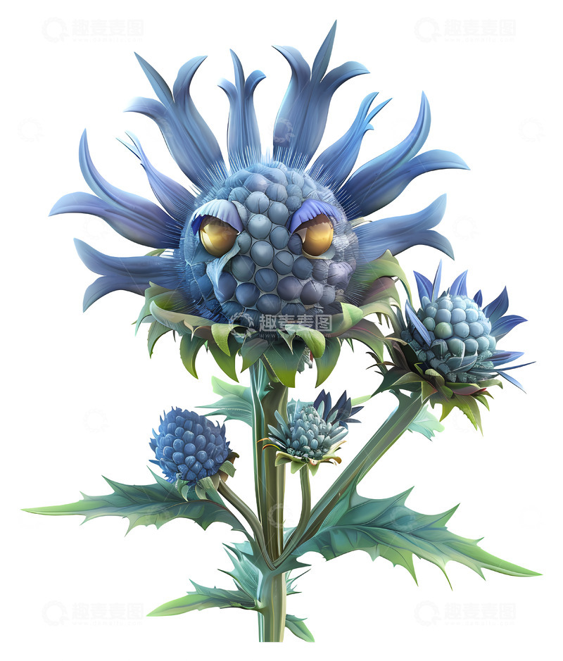 高清大图下载【趣麦麦图】带有眼睛的奇幻蓝色花朵3D插画png素材