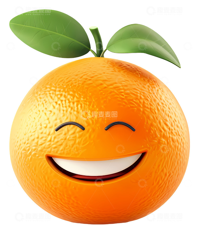 高清大图下载【趣麦麦图】带有叶子的微笑橙子3D卡通插画png素材1