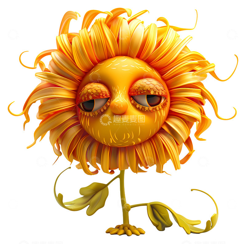 高清大图下载【趣麦麦图】耷拉眼睛的困倦向日葵3D插画png素材