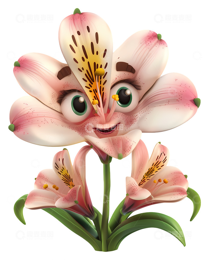 高清大图下载【趣麦麦图】微笑的百合花3D插画免抠透明png素材3