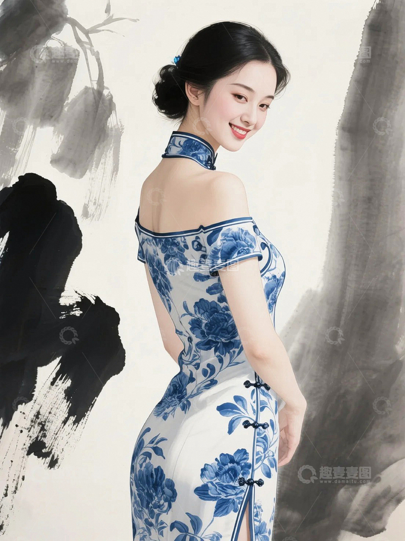 高清大图下载【趣麦麦图】国风青花美人1