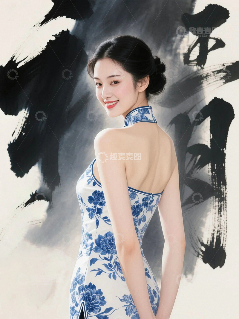 高清大图下载【趣麦麦图】国风青花美人