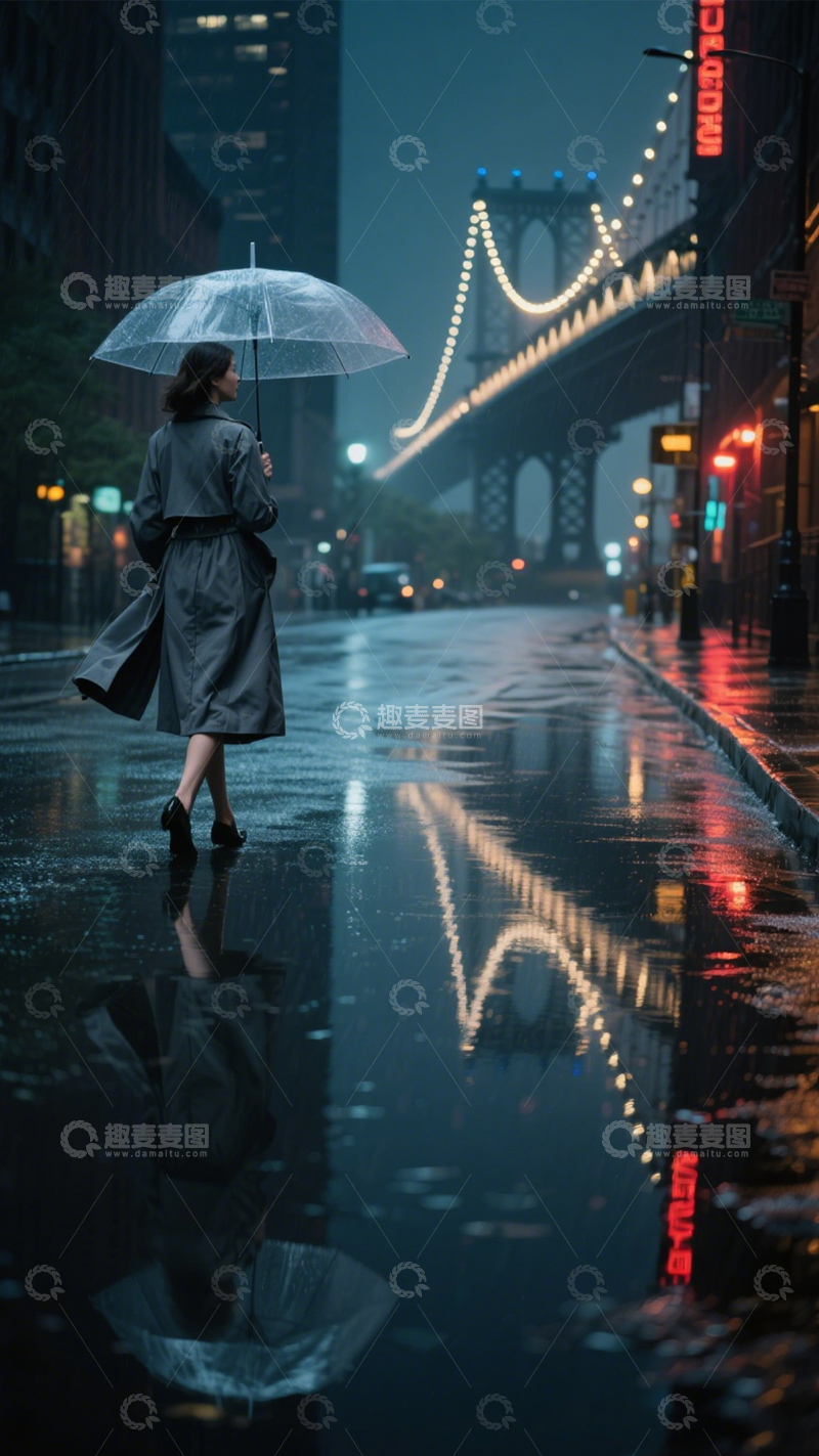 高清大图下载【趣麦麦图】雨夜撑伞的孤独背影3