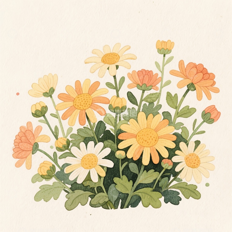 高清大图下载【趣麦麦图】卡通水彩手绘菊花花丛素材1