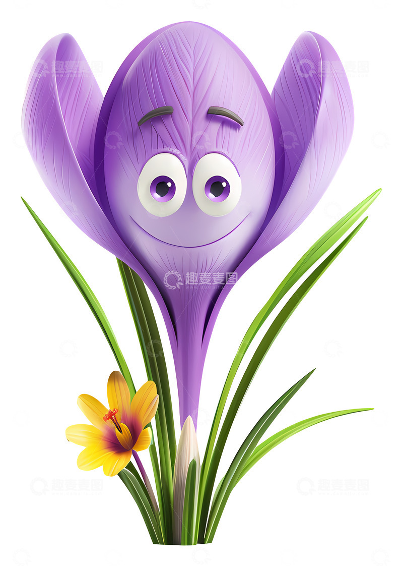 微笑的紫色花朵角色3D卡通插画png素材