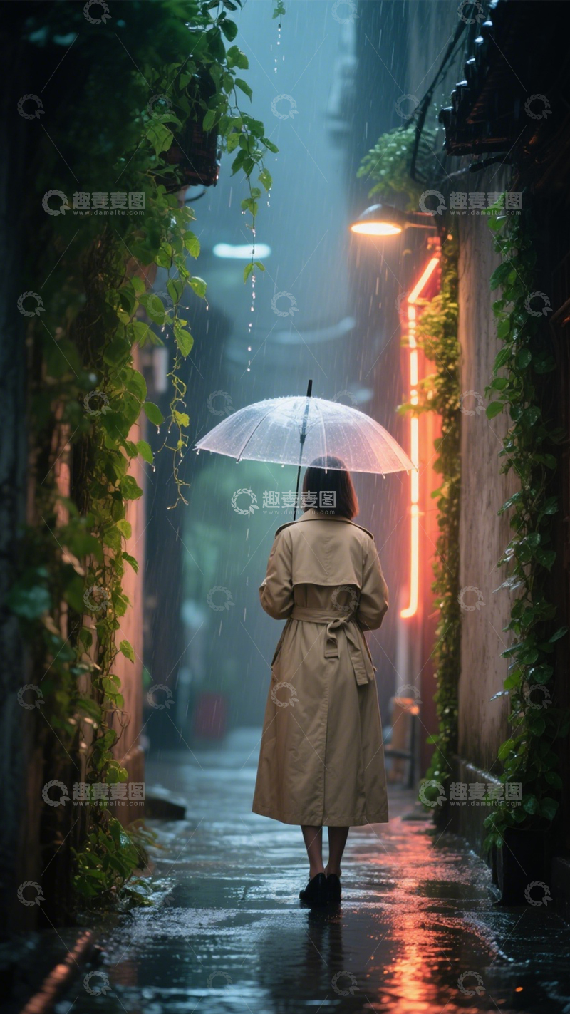 高清大图下载【趣麦麦图】雨夜撑伞的孤独背影