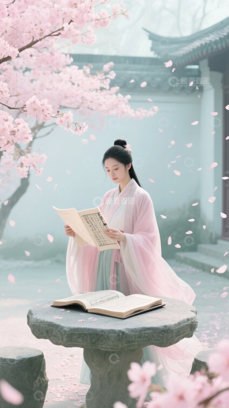 高清大图下载【趣麦麦图】樱花树下的古风阅读