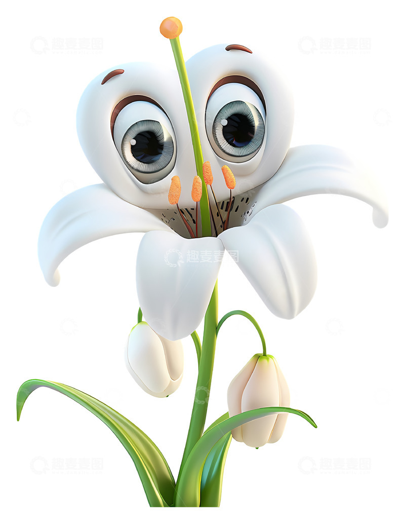 高清大图下载【趣麦麦图】白色花朵，大眼睛3D插画png素材