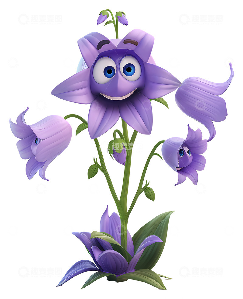 快乐的动画化紫色花朵3D插画png素材