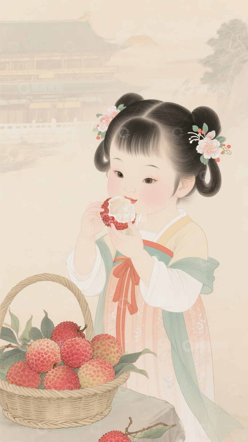 高清大图下载【趣麦麦图】女孩吃荔枝工笔画