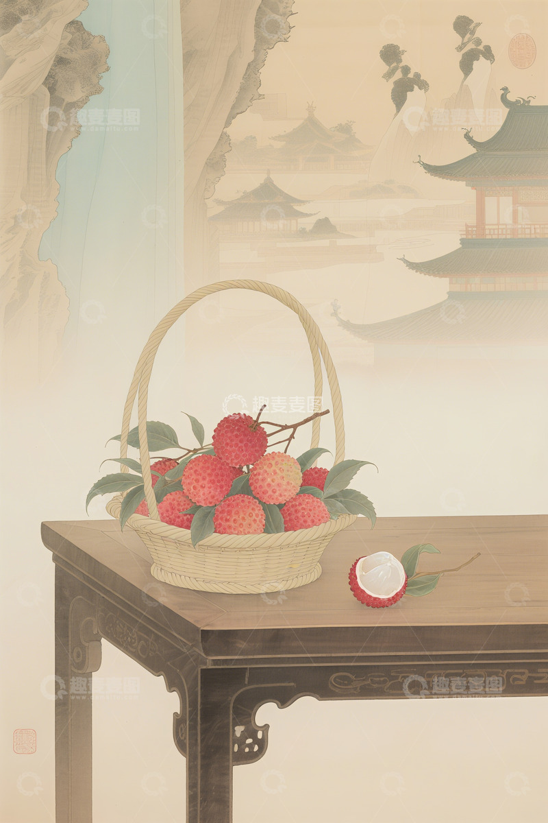高清大图下载【趣麦麦图】荔枝工笔水墨画1
