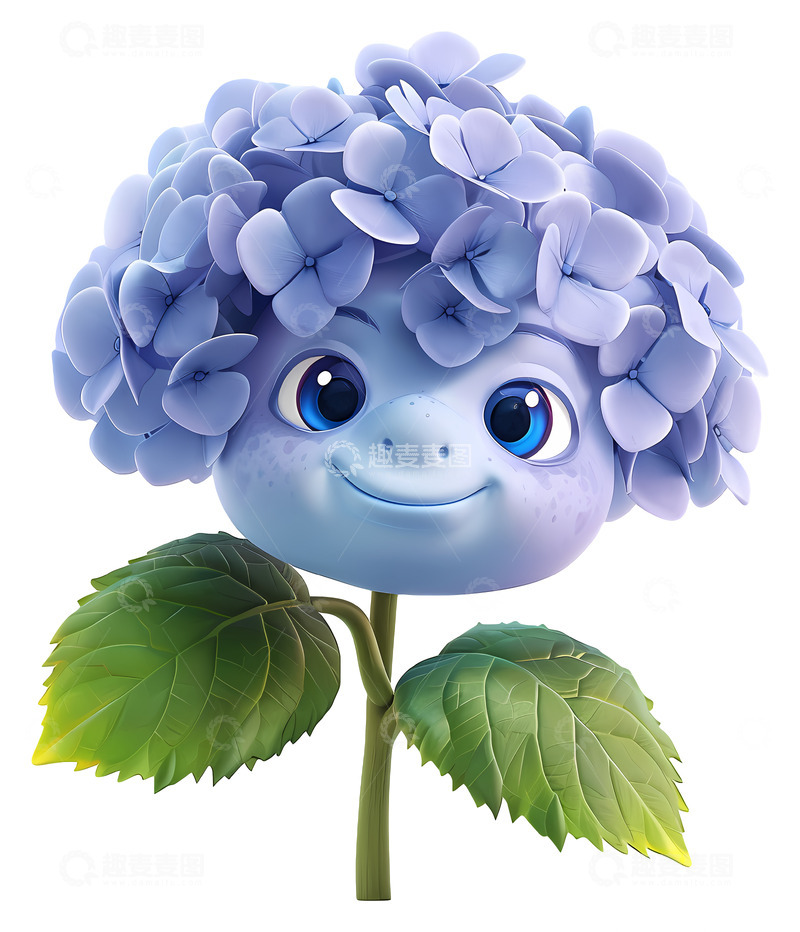 高清大图下载【趣麦麦图】微笑的蓝色绣球花3D插画png素材
