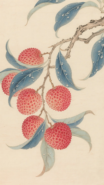 水墨工笔国风荔枝枝叶果实插画素材9