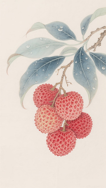水墨工笔国风荔枝枝叶果实插画素材8