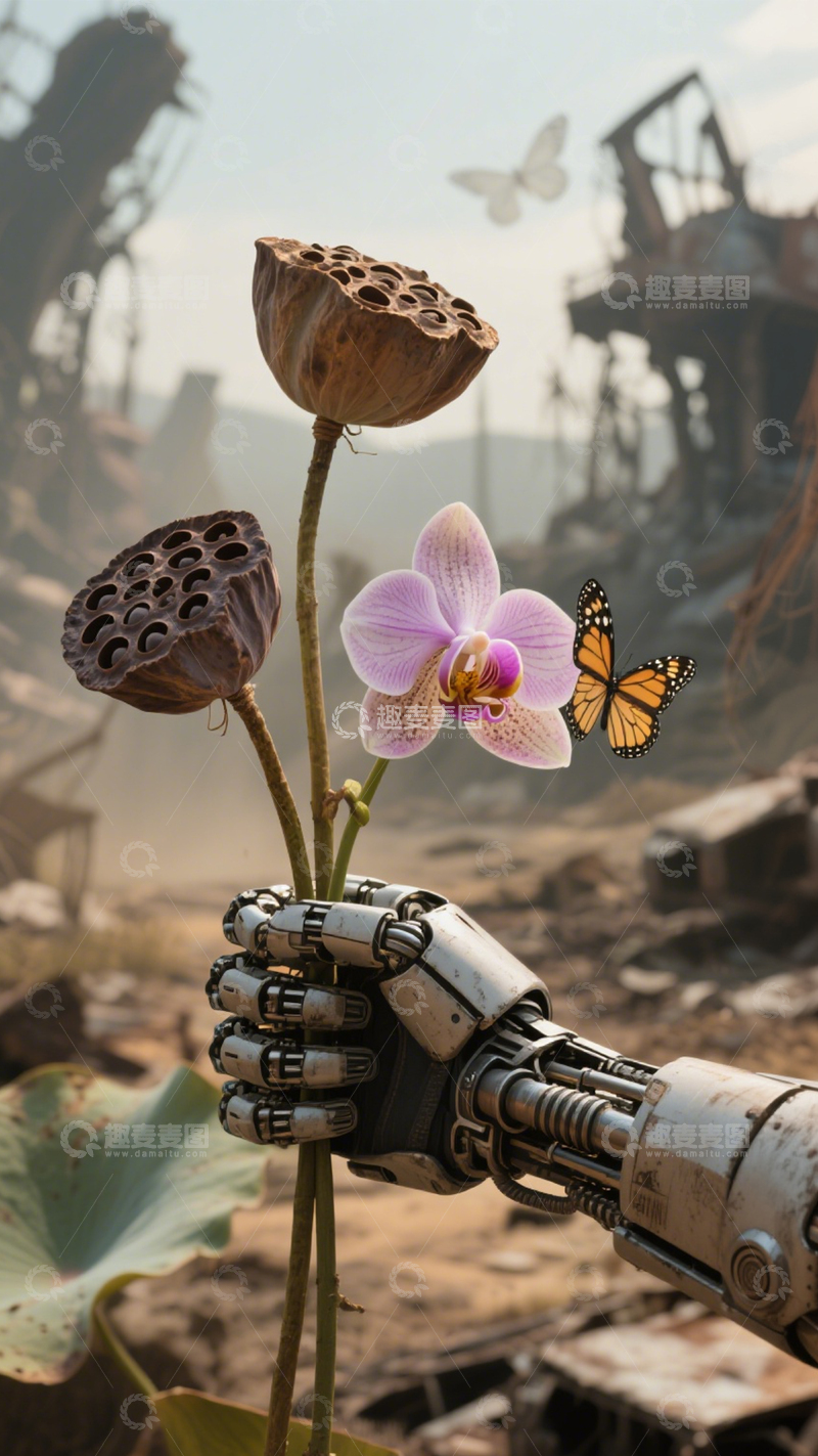高清大图下载【趣麦麦图】废墟中机械臂的花朵3